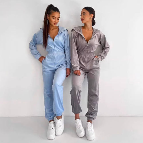 Kvinders fleece overall med lynlås og hætte