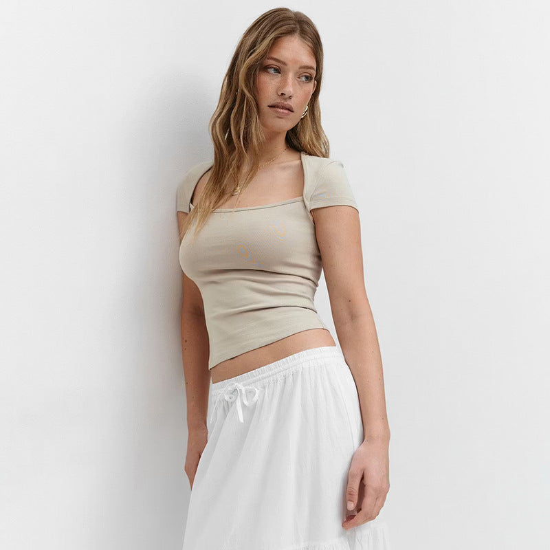 Damen Figurbetontes Kurzarmshirt mit quadratischem Ausschnitt und elastischem Material Skovae