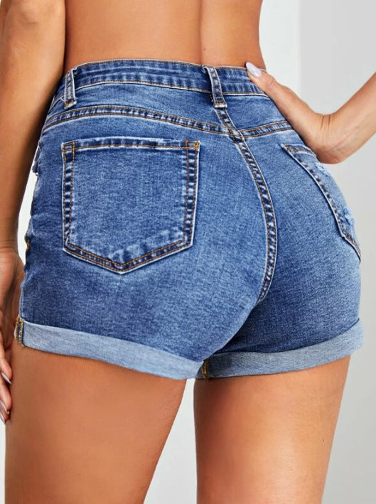 Dame Højtaljede Denim-Shorts med modiske Distressed-effekter og opfoldet kant Stilla
