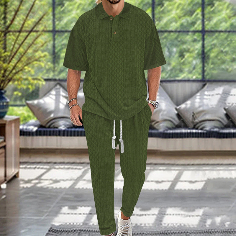 Herrer nan Jacquard-loungewear-sæt med polokrave, snortræk og konisk skåret joggerbukser Skovae