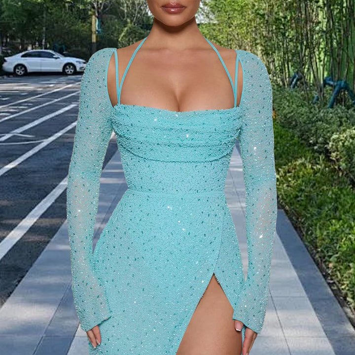 Damer Glamorous Maxi Kjole med Glitrende Detaljer og Side Slid