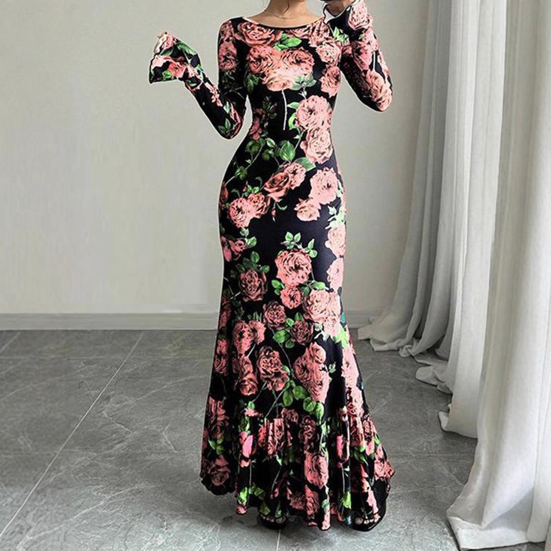 Kvinder Elegant Maxi Kjole med Blomster Rynke Detaljer og Lange Ærmer Stilla