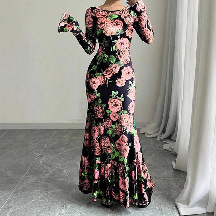 Kvinder Elegant Maxi Kjole med Blomster Rynke Detaljer og Lange Ærmer Stilla