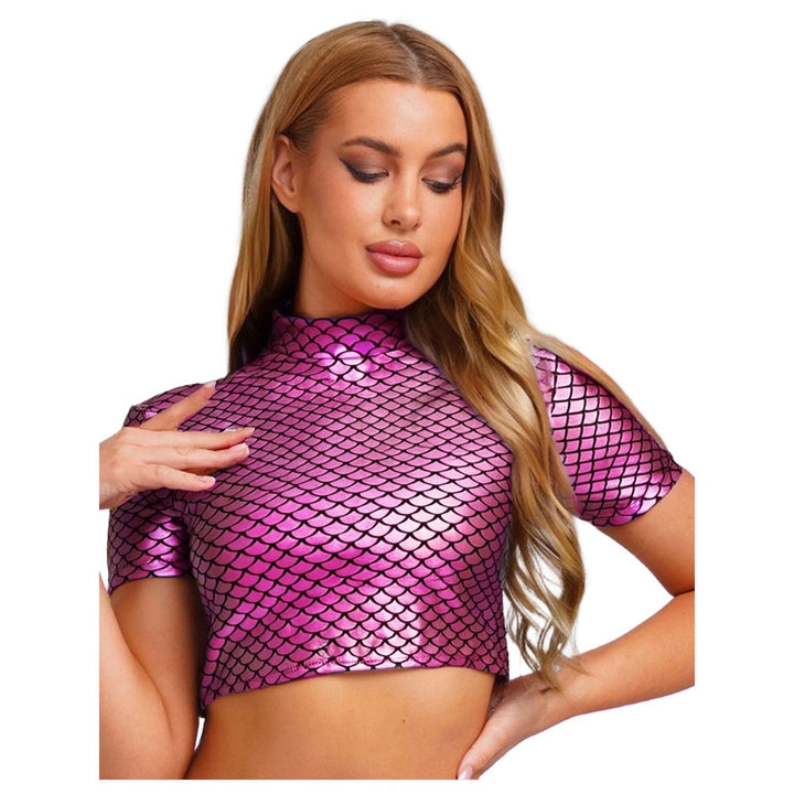 Dame Glitrende Cropped Shirt med glitrende fiskskæl-mønster Skovae