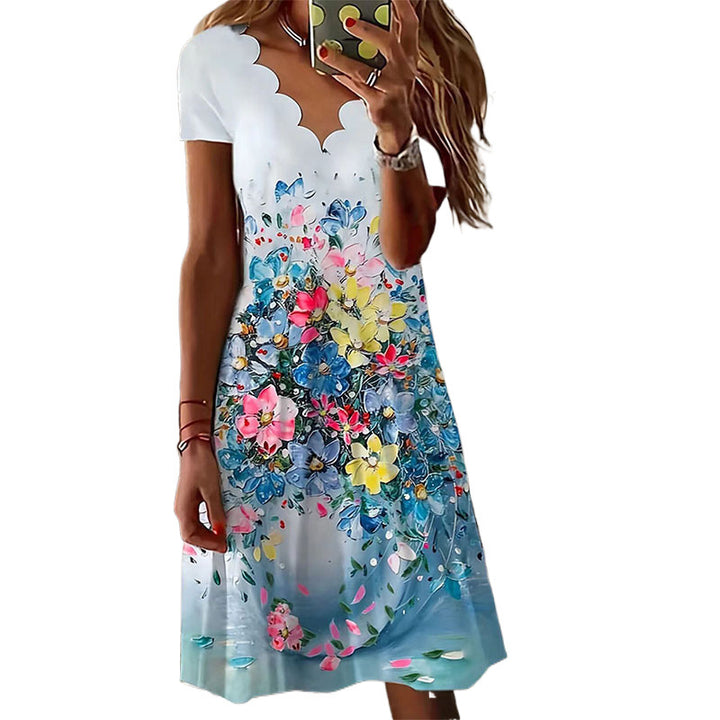 Dame Bølge-Udskæring Floral-Print A-Linie-Kjole Stilla