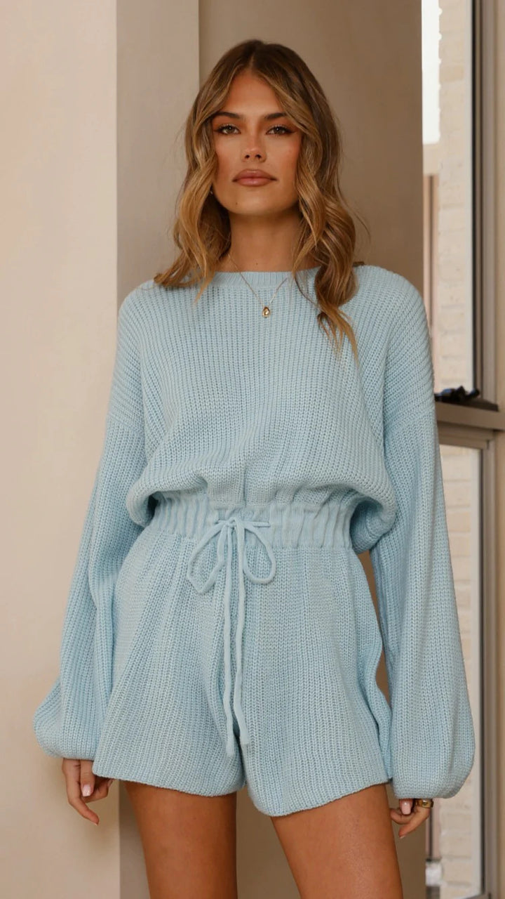 Kvindernes behagelige strikkede loungewear sæt med skræddersyet talje og bred ben Skovae