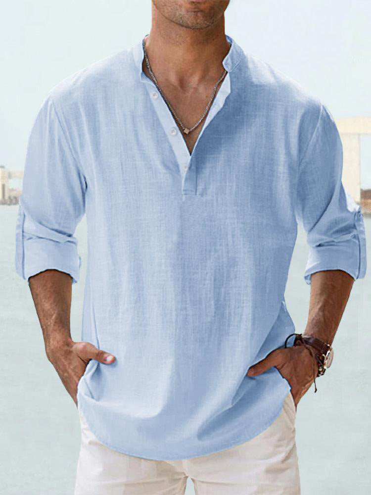 Herrer nan legeres linned Henley-skjorte med ståkrave, oprullede ærmer og buet kant Skovae