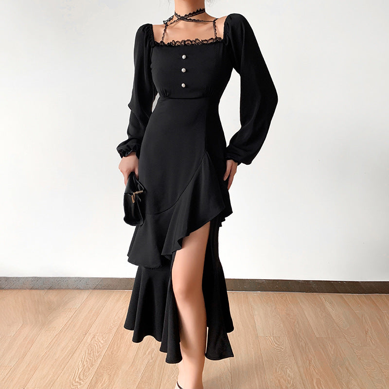 Dame Elegant skåret aftenkjole med ruffles detaljer og dyb slids Stilla