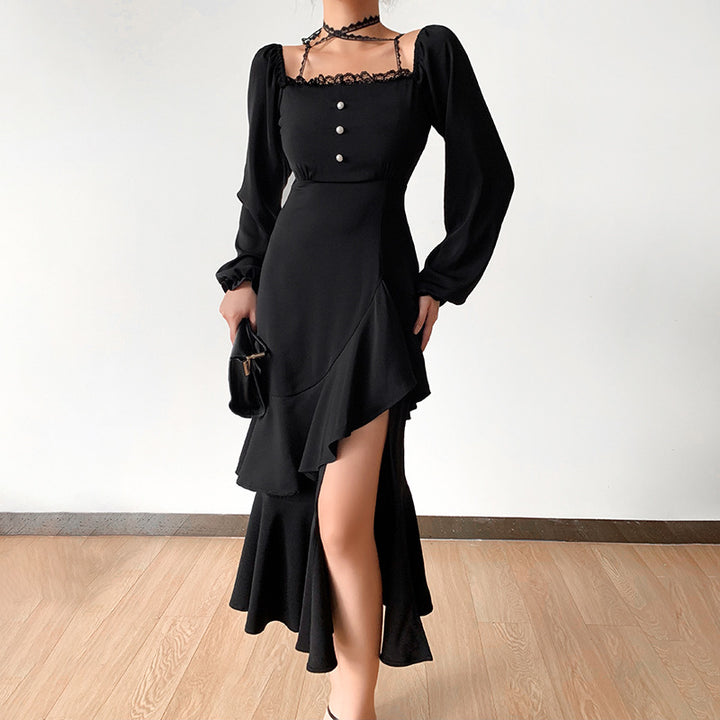 Dame Elegant skåret aftenkjole med ruffles detaljer og dyb slids Stilla