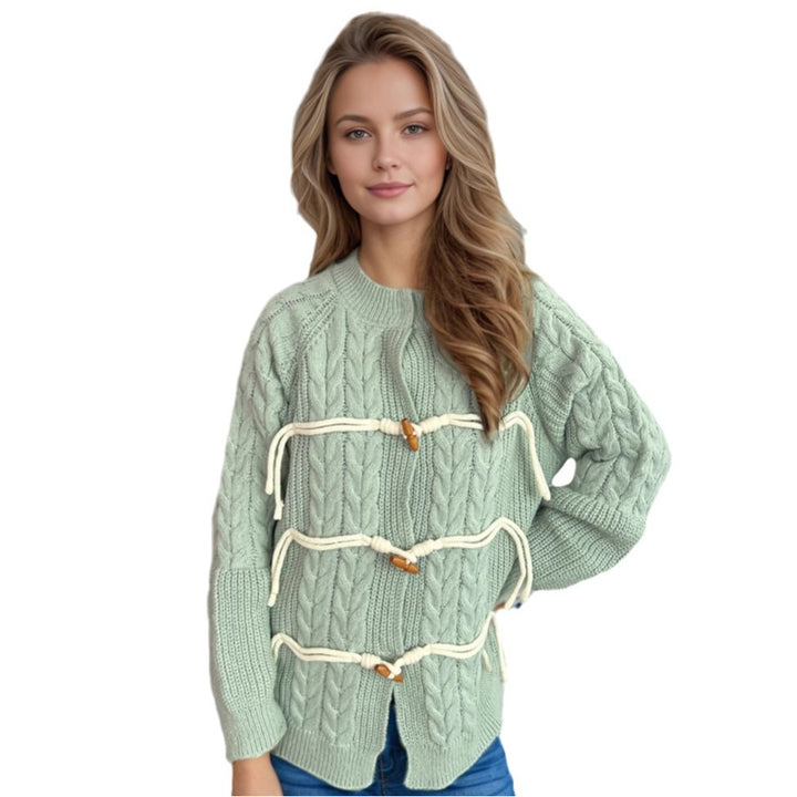 Women's chunky knit cardigan with unique drawstring and decorative wooden buttons Stilla