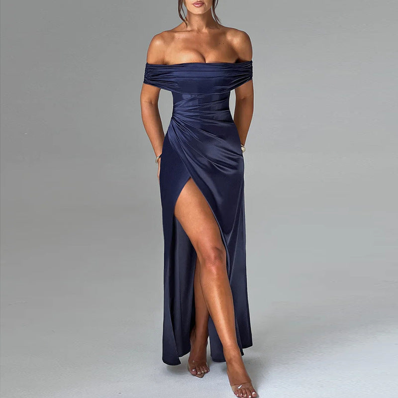 Dame off-shoulder maxikjole med elegant drapering og tætsiddende snit Skovae