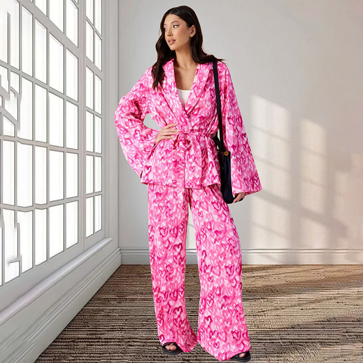 Damer luksuriøst Kimono Lounge-Sæt med hjerteinspirerede mønstre og brede ærmer Stilla
