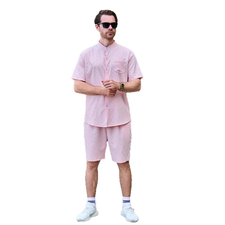 Herrer moderigtigt kortærmet skjorte og shorts-sæt med struktureret stof og elegant stående krave Stilla