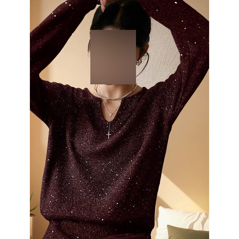 Dame elegant strikpullover med V-hals og funklende accenter Stilla