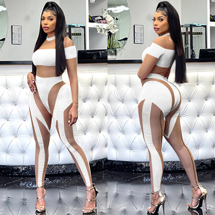 Dame Off-Shoulder Crop-Top og Leggings Sæt med transparente indsatser Stilla