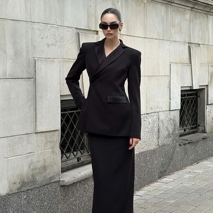 Dame elegant Blazer & Nederdel Sæt med luksuriøs Satin kant Stilla