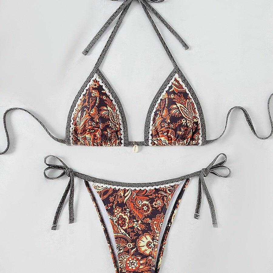 Dame Triangel-bikini med blomsteragtigt vintage-mønster Skovae