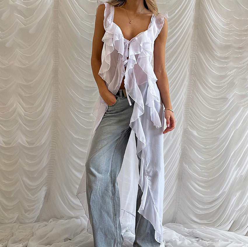 Dame Rynke-overlay-bluse med minimalistisk knaplukning og flydende snit Stilla