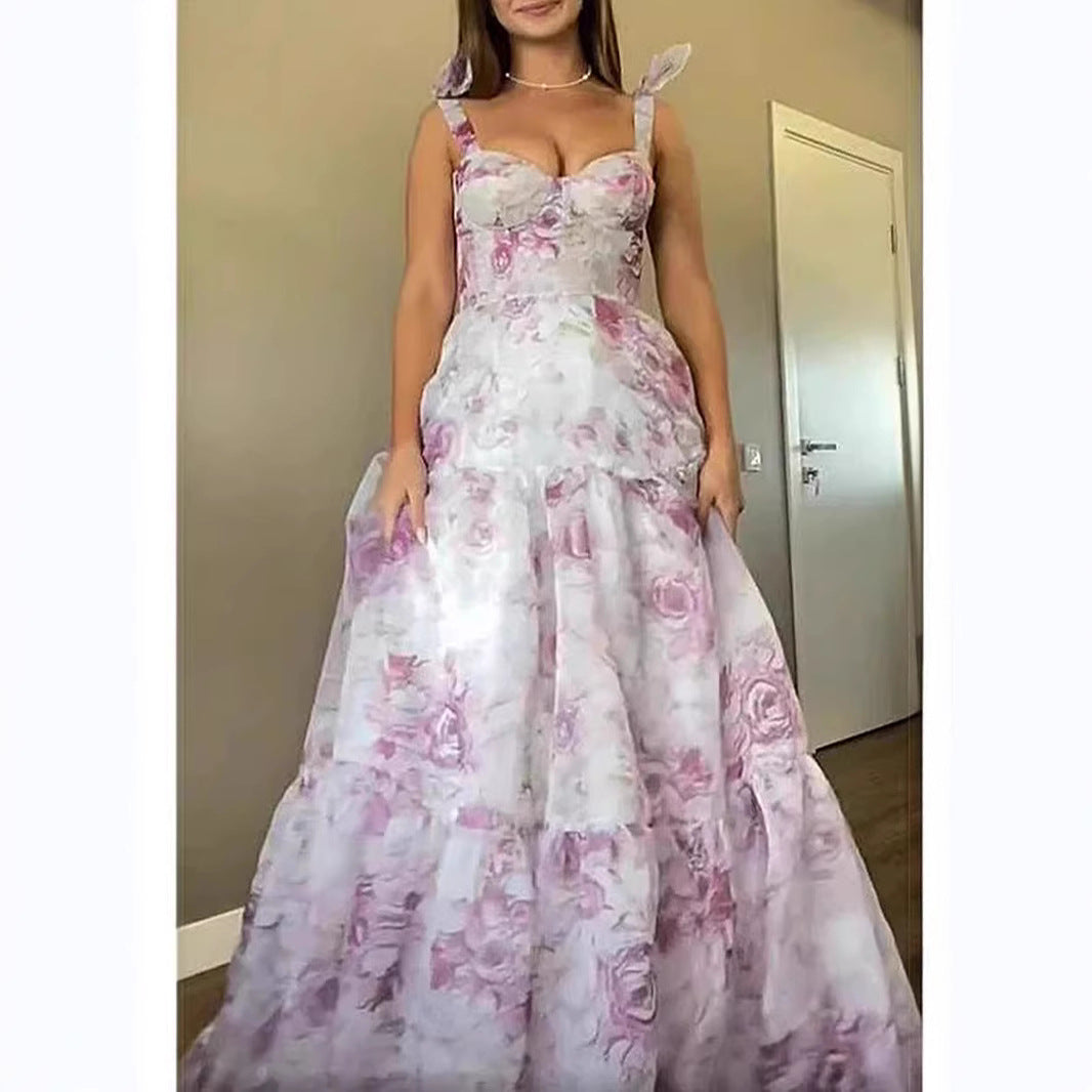 Kvinder Elegant Maxi Kjole med Blomsterdetaljer og Rynkede Stropper Skovae