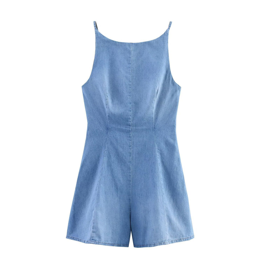 Dame Denim Jumpsuit med smal pasform og justerbare stropper Skovae