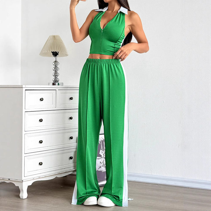 Dame To-delt Sæt med cropped Top og vidt snittet Bukser Skovae
