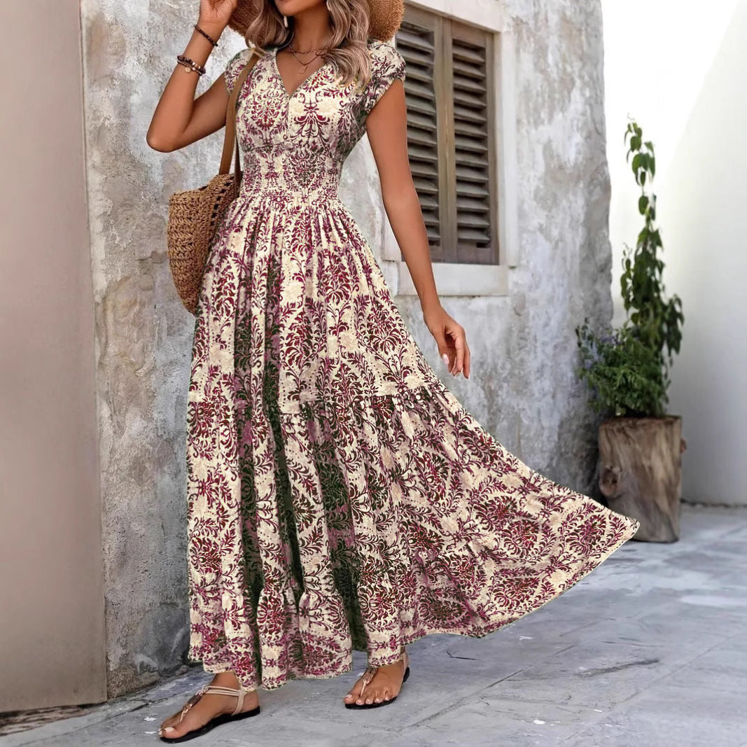 Dame Maxikjole med elegant floral-design og elastisk taljegummi Stilla
