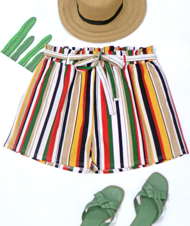 Dame stribede sommer-shorts med elastisk bund og talje knude snor Skovae