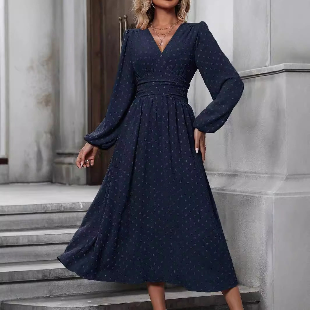 Dame maxikjole med V-hals og elegante puffærmer Stilla