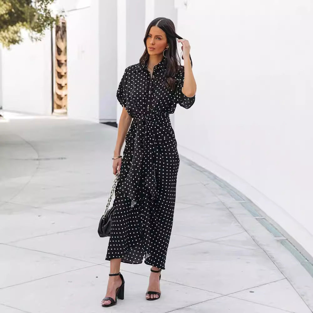 Dame Polka-Dot Knap Midi Kjole med Bindebælte Stilla