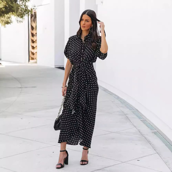 Dame Polka-Dot Knap Midi Kjole med Bindebælte Stilla