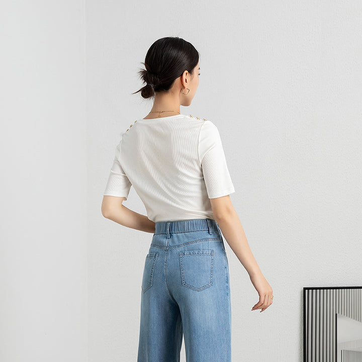 Dame moderigtigt V-hals T-shirt med dekorative knapper på skuldrene Stilla