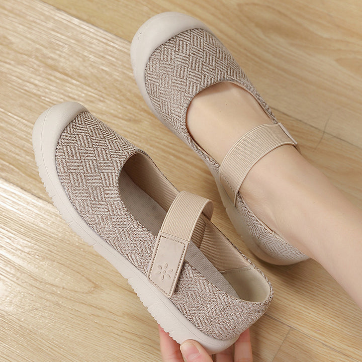 Dame nan komfortabel strik-rem ballerina med justerbar velcro og fleksibel gummisål Skovae