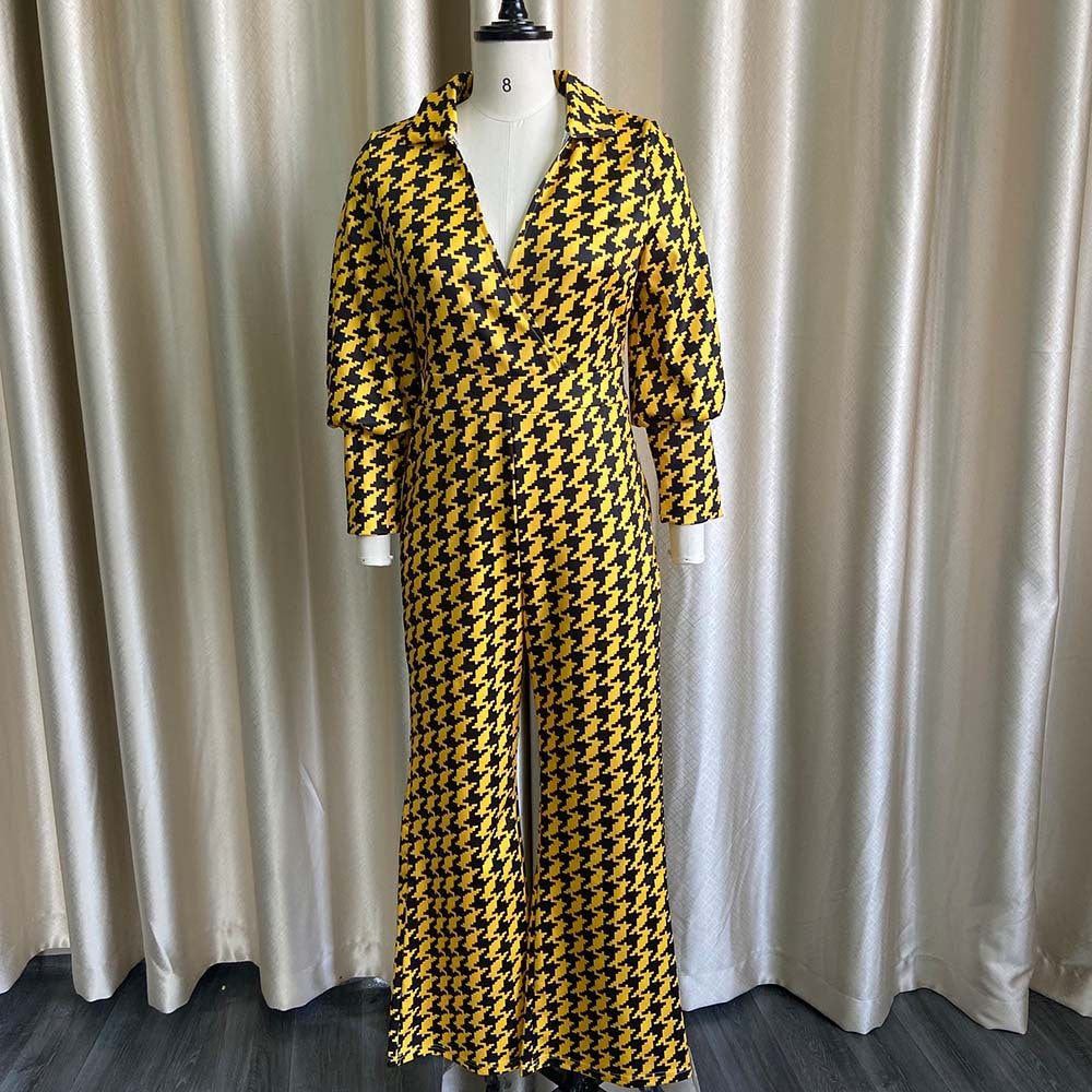Dame jumpsuit med elegant hane-fremskridtmønster og vidde ben Stilla