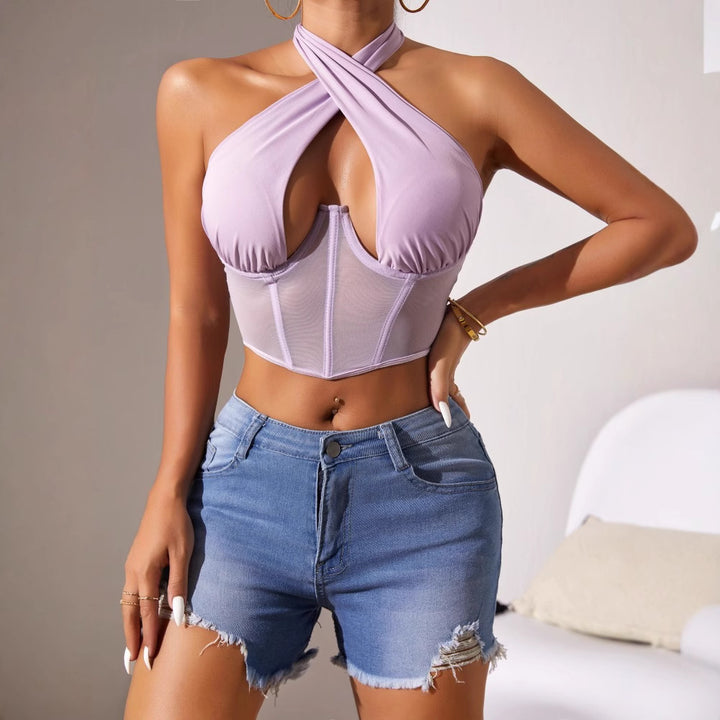 Dame Crop-Top med raffineret indpakningsdesign og gennemsigtig corsage Stilla