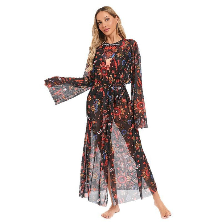 Dame elegant gennemsigtig strandkimono med blomsterdesign Skovae