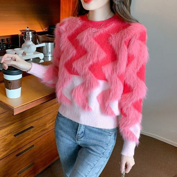 Kvinders fluffy sweater med geometrisk mønster og løst fit Stilla