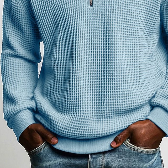 Herre nan struktureret vaffelstrik-pullover med polokrave og kort lynlås Skovae