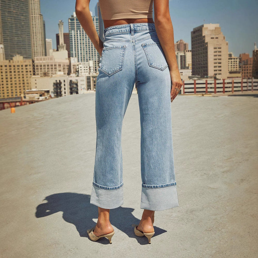 Kvinder Loose-Fit Denim Jeans med Kontrasterende Kanter Stilla