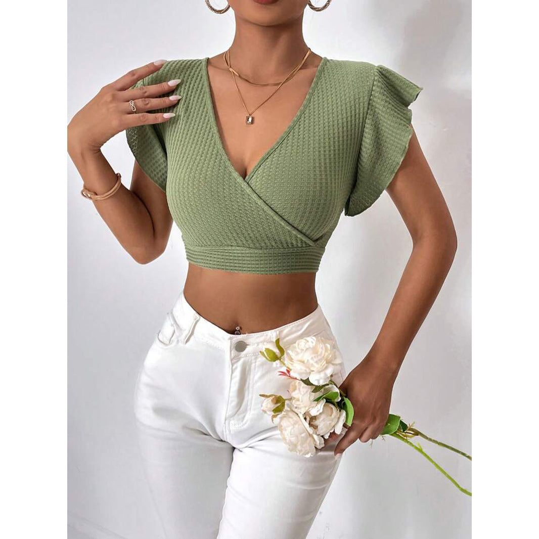 Dame Crop-top med indpakningsdesign og voluminøse ærmer Stilla