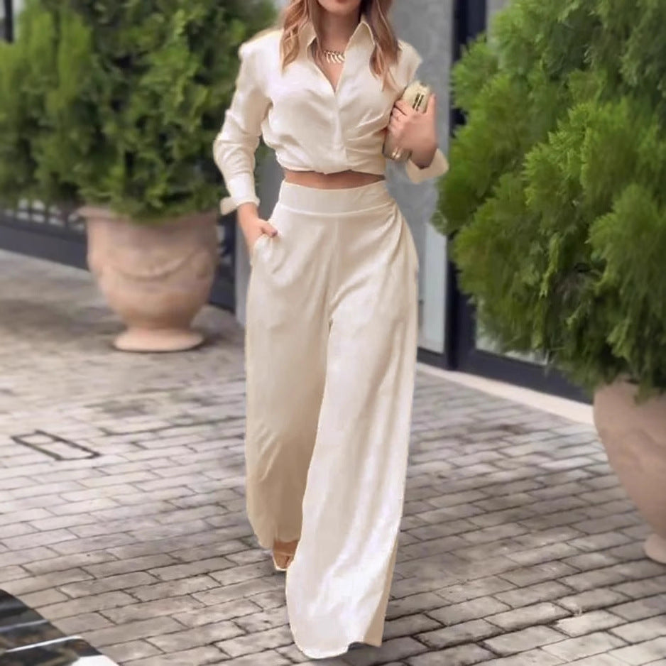 Damer elegant sæt af cropped bluse og bred bukser Stilla