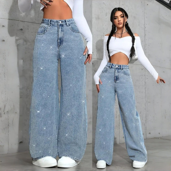 Dame Elegante High-Waist Jeans i vid pasform med glitrende detalje Skovae