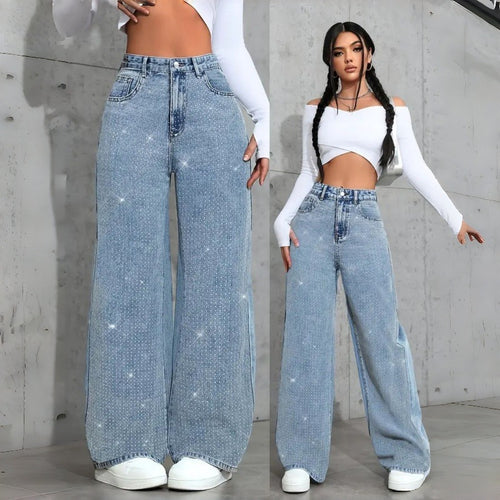 Dame Elegante High-Waist Jeans i vid pasform med glitrende detalje Skovae