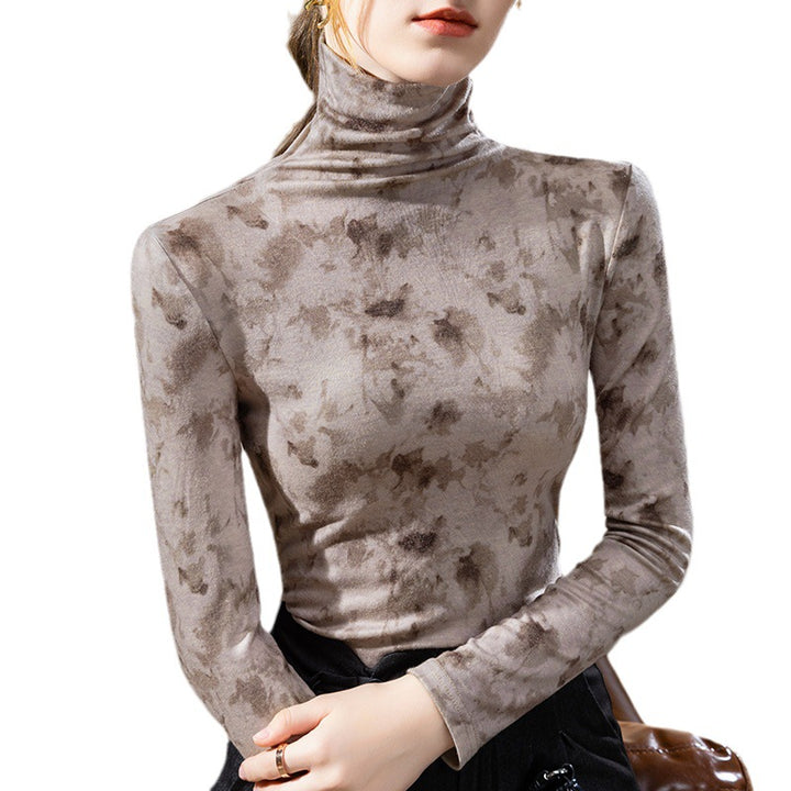 Dame longsleeve-shirt med elegant høj krave og blomster velour-design Stilla