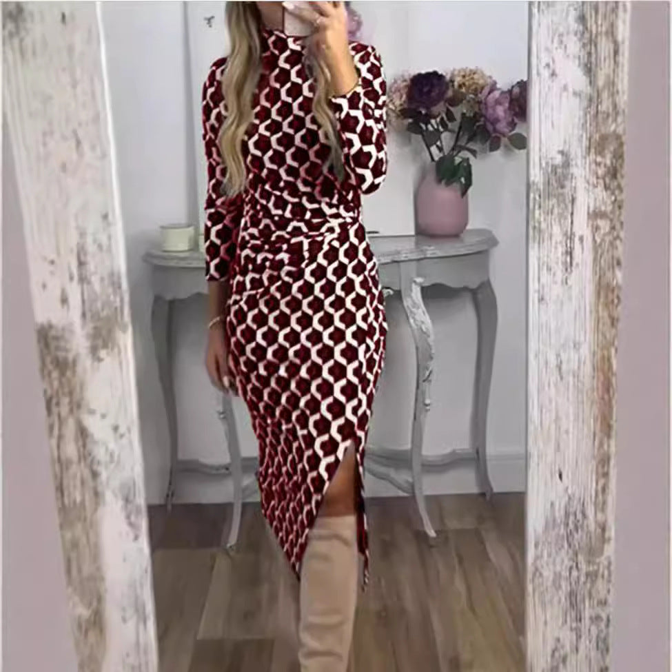 Dame nan smalt skåret midikjole med geometrisk print, gathered talje og asymmetrisk slids Skovae
