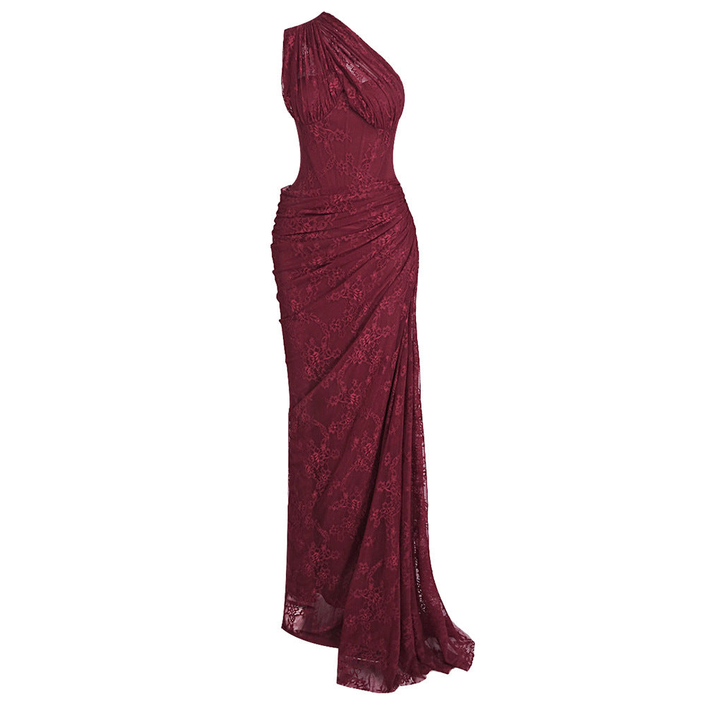 Dame elegant aftenkjole med asymmetrisk one-shoulder design og blomster spidsbesætning Skovae