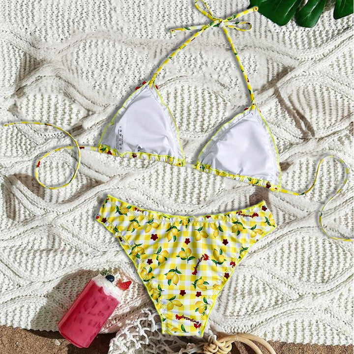 Dame triangel bikini med frisk ternet mønster og kontrasterende sløjfer Skovae