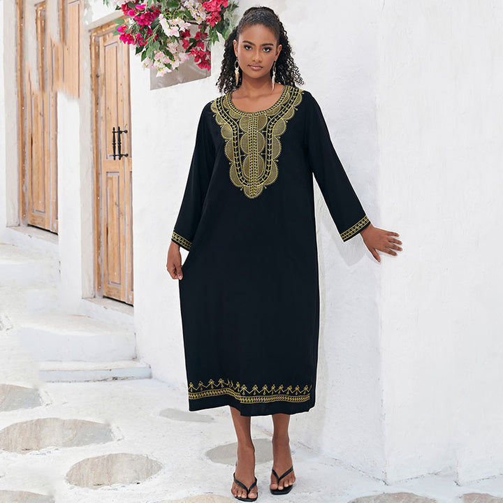 Dame elegant Maxikjole med kunstneriske broderier og sidelommer Stilla