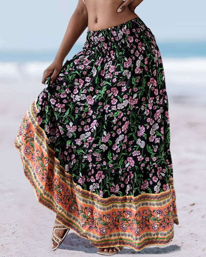Dame maxilangt skirt med blomster mønstre og elastisk talje Stilla