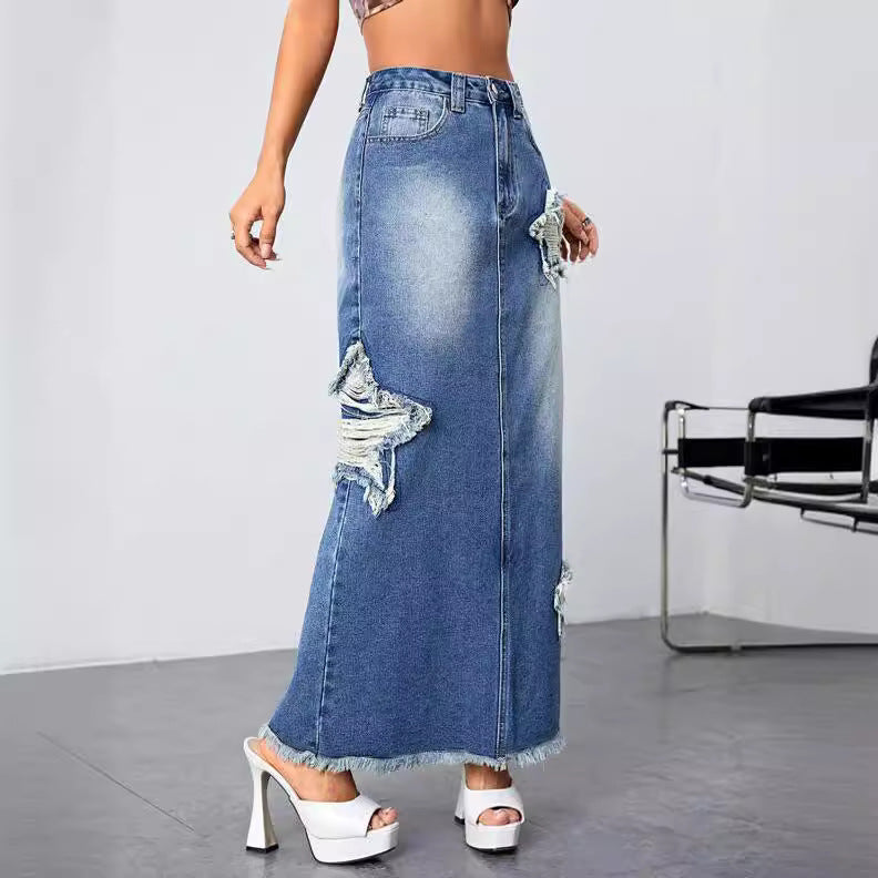 Dame Længere Denim-Nederdel med frynset accenter og ødelagte detaljer Stilla