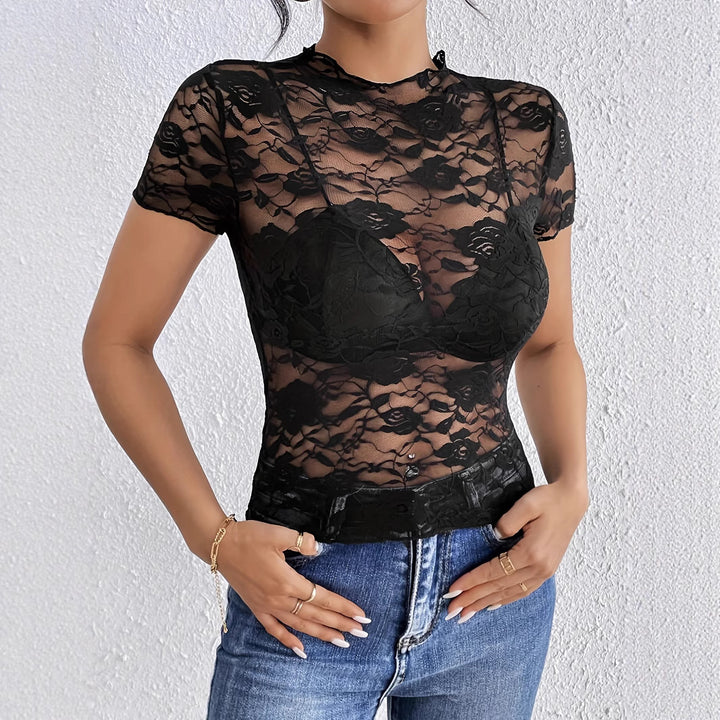 Dame nan kort spidsoberdel med floral ajour-spids, ståkrave og indsyet bustier Skovae